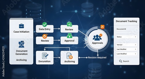 Workflow diagram with rounded rectangles and connecting lines illustrating document tracking processes