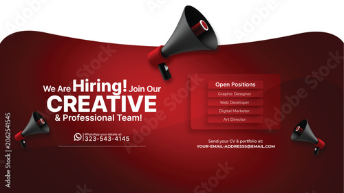 Red Creative Hiring Poster Template with Megaphone Design. Professional Recruitment Poster for Creative Job Opening