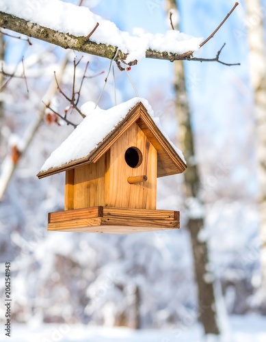 Wooden birdhouse in winter snow