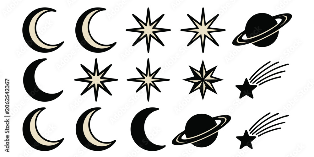 Obraz premium Astronomical illustration of celestial bodies including crescent moons orbiting planets with shooting stars and exploding stars in space.