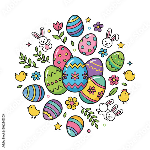 Cute cartoon Easter eggs and bunnies arranged in a circle