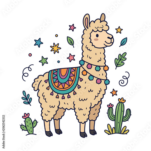 Cute cartoon llama illustration with cacti and stars