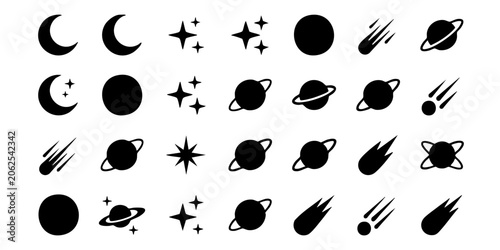 Fotografija Space icons featuring various celestial bodies and phenomena arranged on a clean