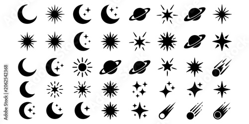 Obraz na plátně Astronomical icons of celestial bodies and sun, moon phases displayed