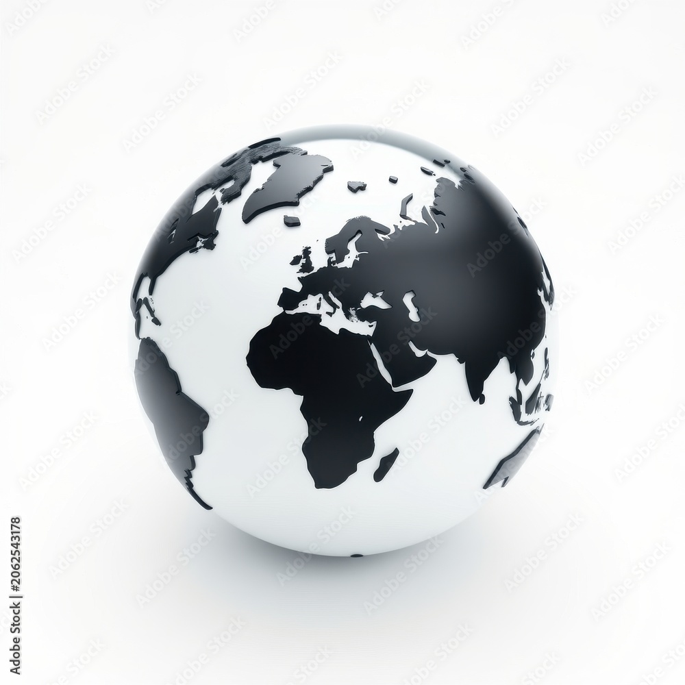 Obraz premium Globe depicts Earth. Continents shown dark against white background. Simple, clean presentation. Focus on geography, world map.