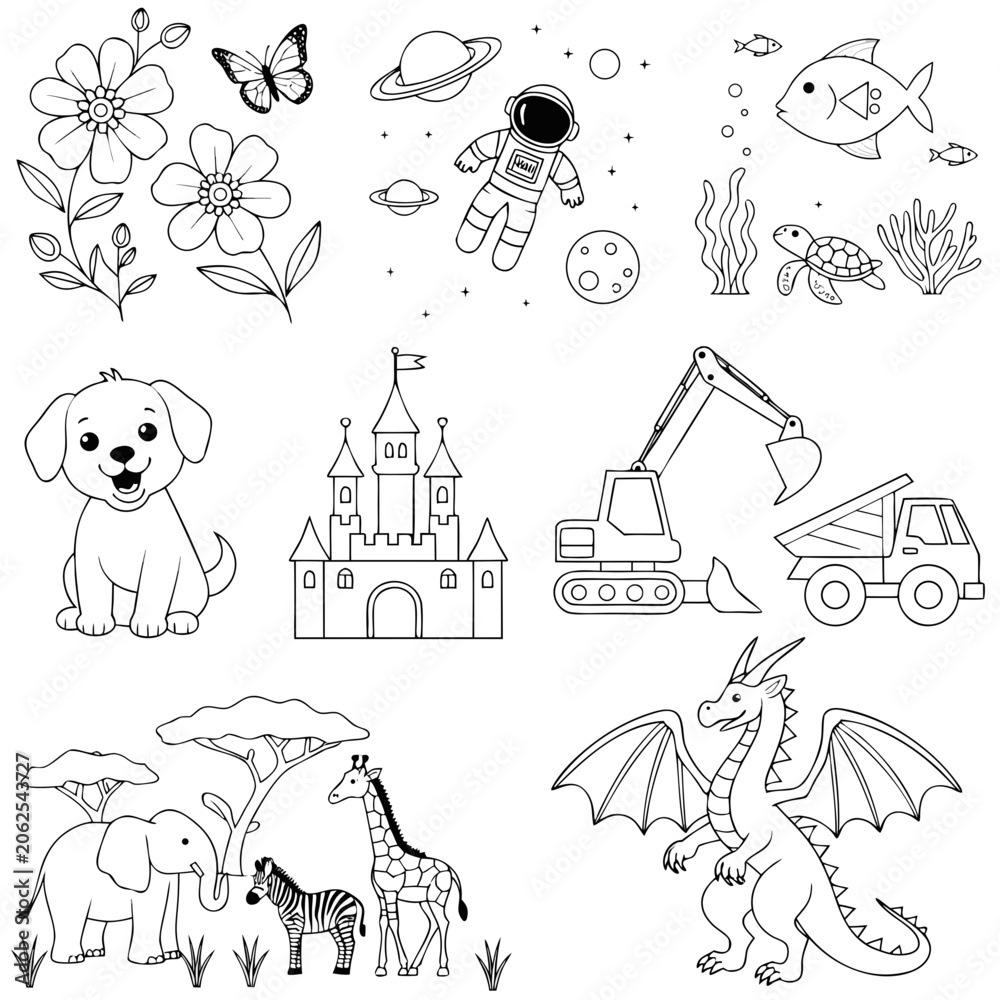 Obraz premium Coloring page for kids with space and animal themed illustrations coloring astronaut elephant
