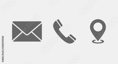Contact icons: email, phone, location pin. Simple, clean vector graphics on light gray background.