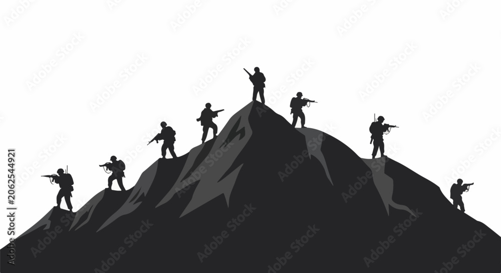 Fototapeta premium Silhouetted soldiers with rifles stand atop a rugged, dark mountain peak