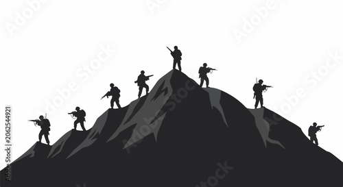 Silhouetted soldiers with rifles stand atop a rugged, dark mountain peak