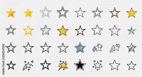 Collection of Star Rating Icons: Filled, Outline, Sketch, and Sparkle Styles