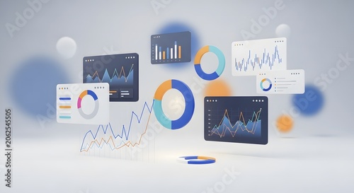Data visualization charts and graphs in a 3d rendered scene with blurred spheres