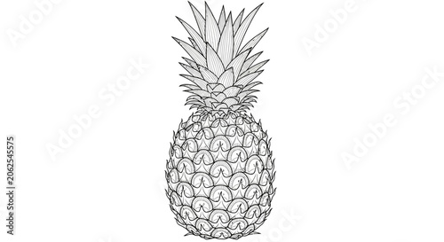 Pineapple line drawing illustration, tropical fruit sketch on white background.