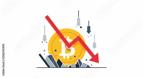 Falling bitcoin icon with red arrow and downward trend graphic
