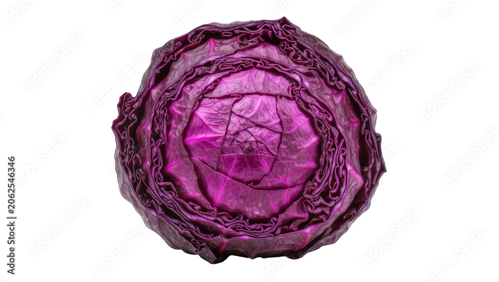 Fototapeta premium Red cabbage cut in half showing layered leaves and core