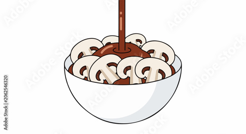Sliced mushrooms in a bowl with rich brown sauce being poured