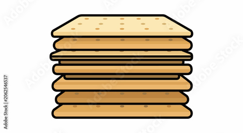 Stack of eight square, golden-brown crackers with dark outlines