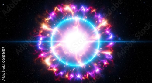 Abstract cosmic explosion with a bright, glowing center and radiating energy