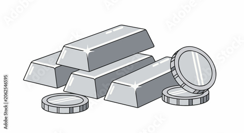 Stack of silver ingots and coins, monochrome, isolated, clean