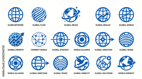 Blue Globe World Map Icons Set.