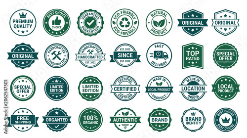 Photos Green and white quality guarantee labels.