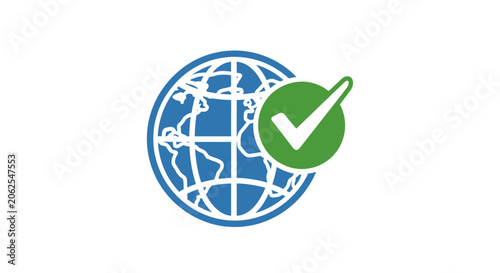 фотографія Green check mark on globe icon.