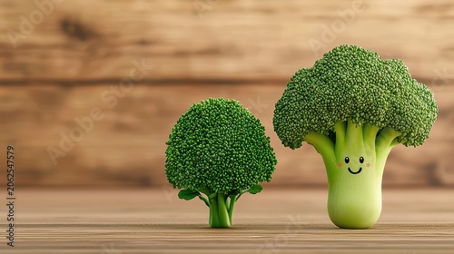 Cute Cartoon Broccoli Pair on Rustic Wooden Table