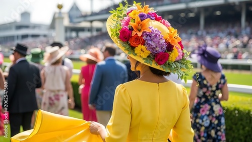 Woman in elaborate floral hat at horse race event.