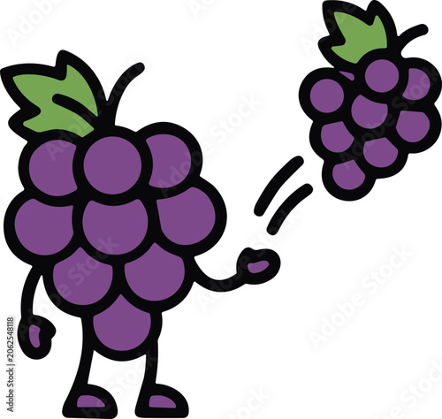 Photography Cute cartoon grape character throwing a bunch of grapes, isolated on white