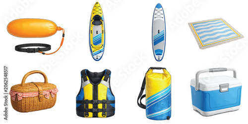 Lake Recreation Collection with Paddle Board Kayak Life Vest Dry Bag Swimming Buoy and Portable Cooler