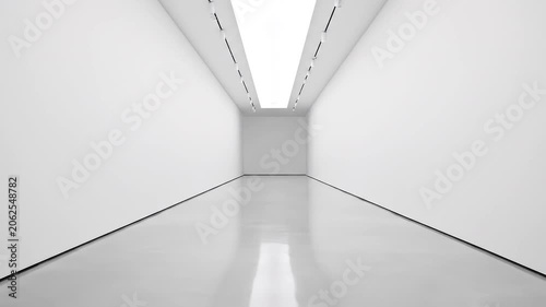 Empty white modern art gallery corridor with soft lighting and reflection