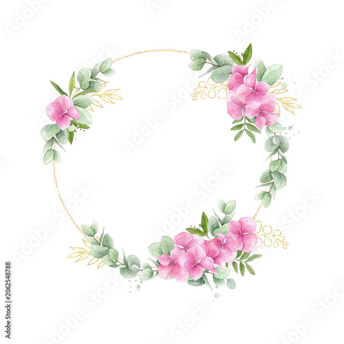 Watercolor pink hydrangea and eucalyptus frame PNG with transparent background