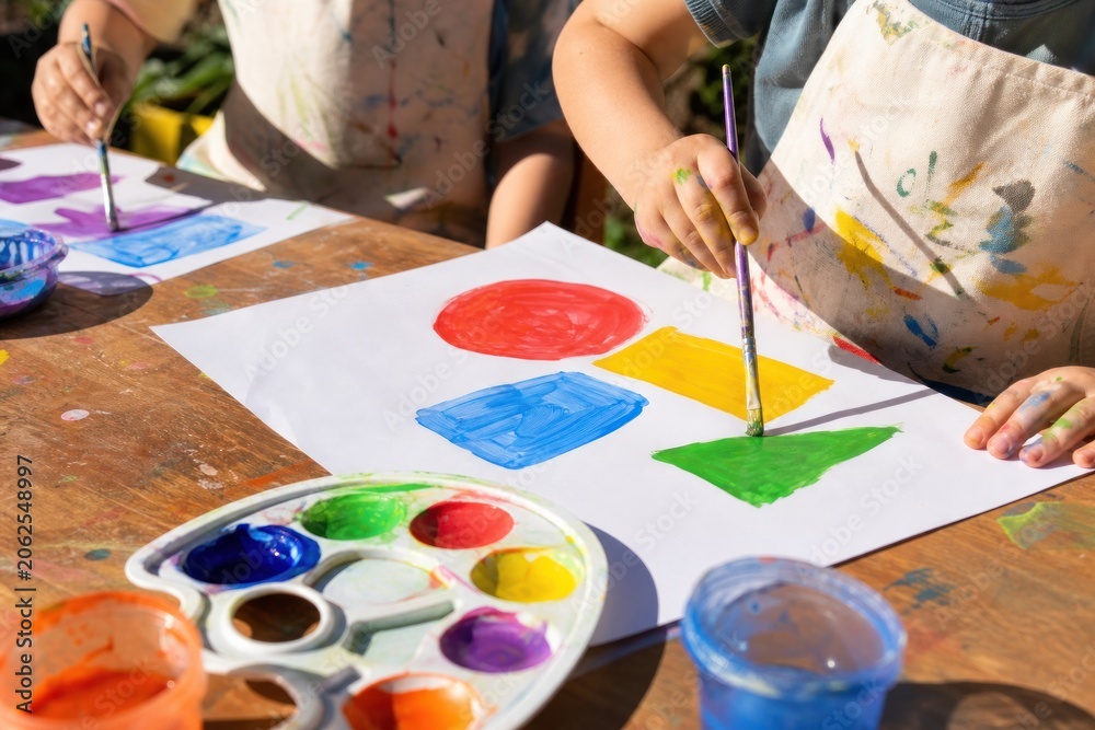Obraz premium Children painting colorful geometric shapes with watercolors on white paper at wooden table during outdoor art class, creative hands-on education activity with vibrant paint palette in sunny daylight