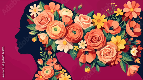 Silhouette Profile of Woman's Head Filled with Vibrant Floral Arrangement, Roses and Poppies, Flat Vector Illustration