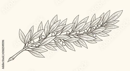 Vintage Laurel Branch with Berries - Realistic Hand-Drawn Sketch