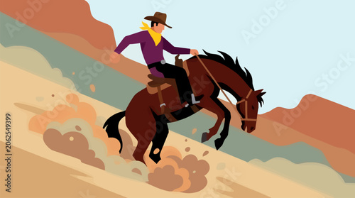 Flat Design Cowboy Riding Bucking Bronco in Dusty Desert Landscape, Western Rodeo Action Scene with Warm Earth Tones and Copy Space