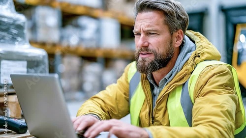 Warehouse Manager at Work: A focused warehouse manager with a beard, wearing a high-visibility vest, diligently works on a laptop amidst stacks of goods in a busy distribution center.
