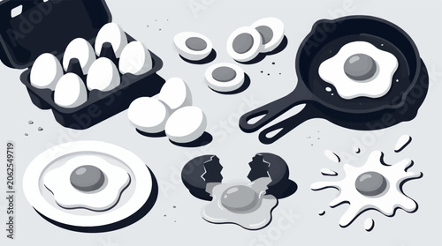 Collection of Various Egg Illustrations: Whole Eggs in Carton, Fried Eggs, Boiled Egg Slices, Cracked Egg, and Egg Splash, Flat Design Graphic Resources