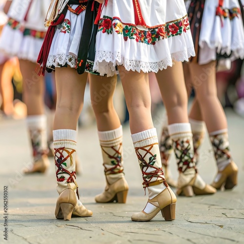 Women's legs in folk costumes, dancing