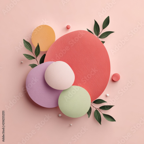 Soft blush liquid shape background minimal abstract pastel circle leaf on pink backdrop with textured paper floral botanical design