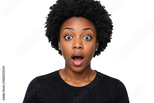Shocked African American Woman with Afro Hairstyle Isolated on White Background
