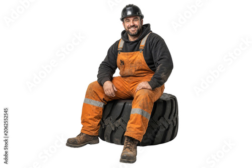 Smiling Industrial Worker in Orange Overalls and Hard Hat Sitting on Large Tractor Tire Isolated on White Background
