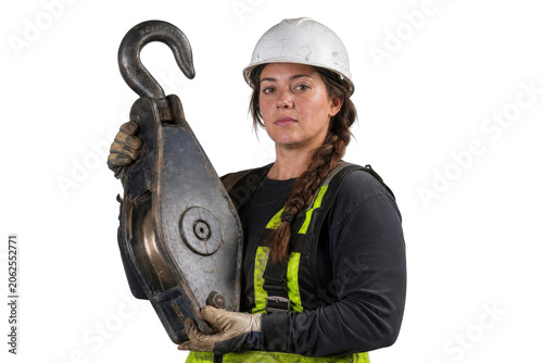 Confident Female Industrial Worker Holding Heavy Crane Hook and Pulley Block