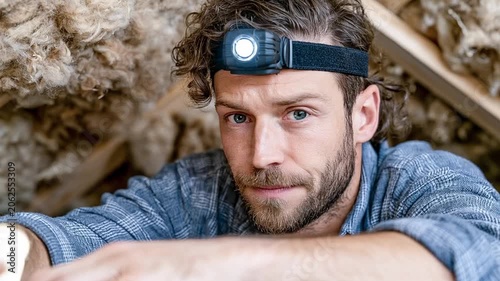 Attentive Craftsman: A focused man wearing a headlamp and work shirt in an attic, inspecting the insulation with a determined expression.