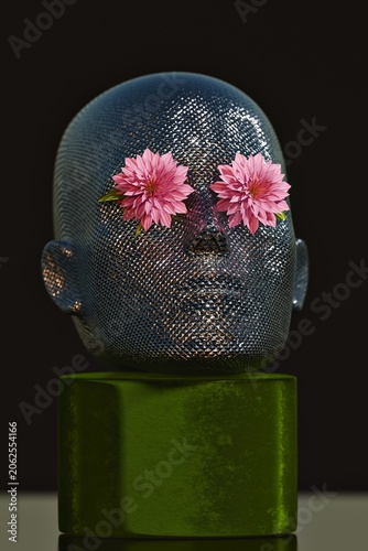 Anatomy pop style glitter human head with pink flowers instead of eyes.