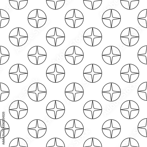 Black and white geometric seamless background featuring abstract four-point stars inside circles
