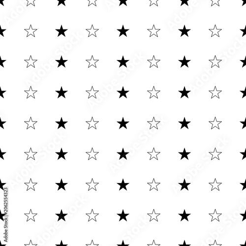 Minimalist seamless pattern featuring repeating black and white stars on a clean white background