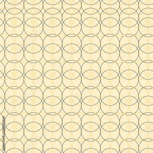 Elegant seamless vector pattern featuring overlapping black and gold geometric circles on beige