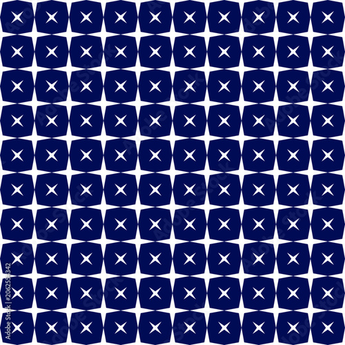 Modern dark blue and white seamless vector pattern featuring a geometric star and square grid tile design