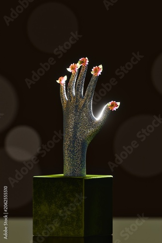 Anatomy pop ribbed chrome human hand with pink flowers on fingertips.