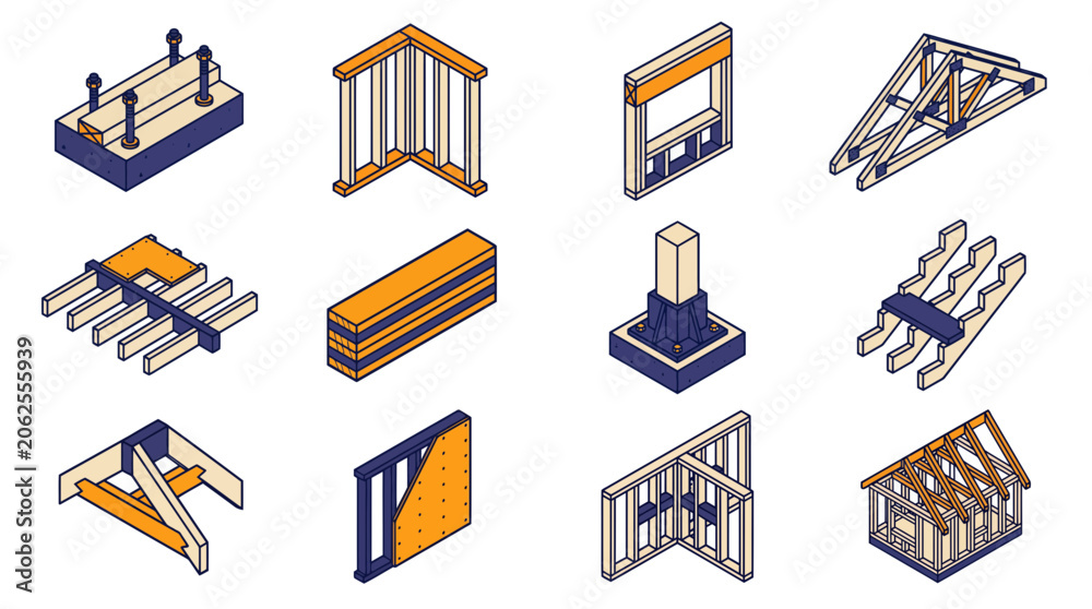 Naklejka premium Isometric set of timber framing and structural wooden house construction elements on white background, representing architectural blueprint design and engineering education